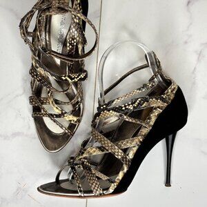 Gianmarco Lorenzi Gray & Black Python Snakeskin Strappy Cage Stiletto Sandals 36